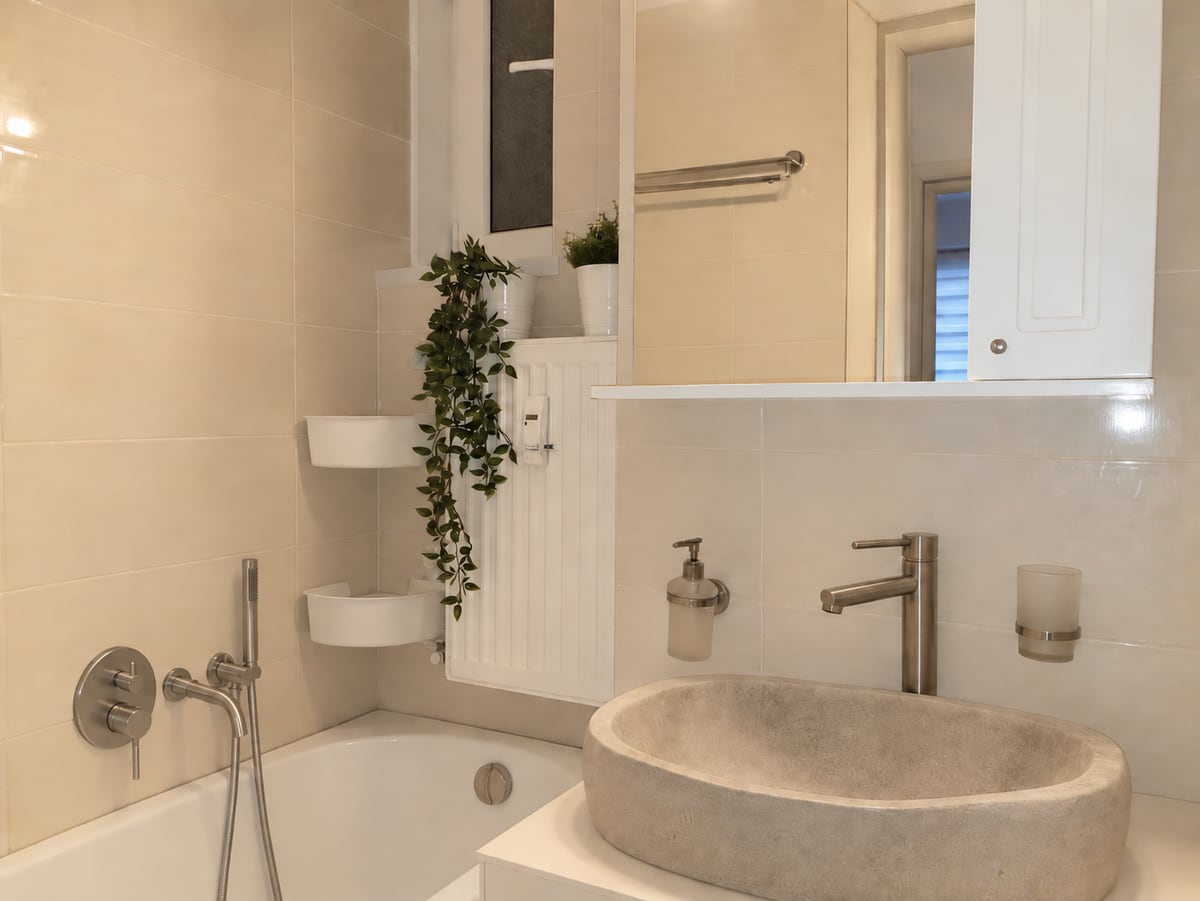 The finished bathroom: a stone bowl basin on a pale counter, brushed fittings, a corner shelf of greenery beside the bath.