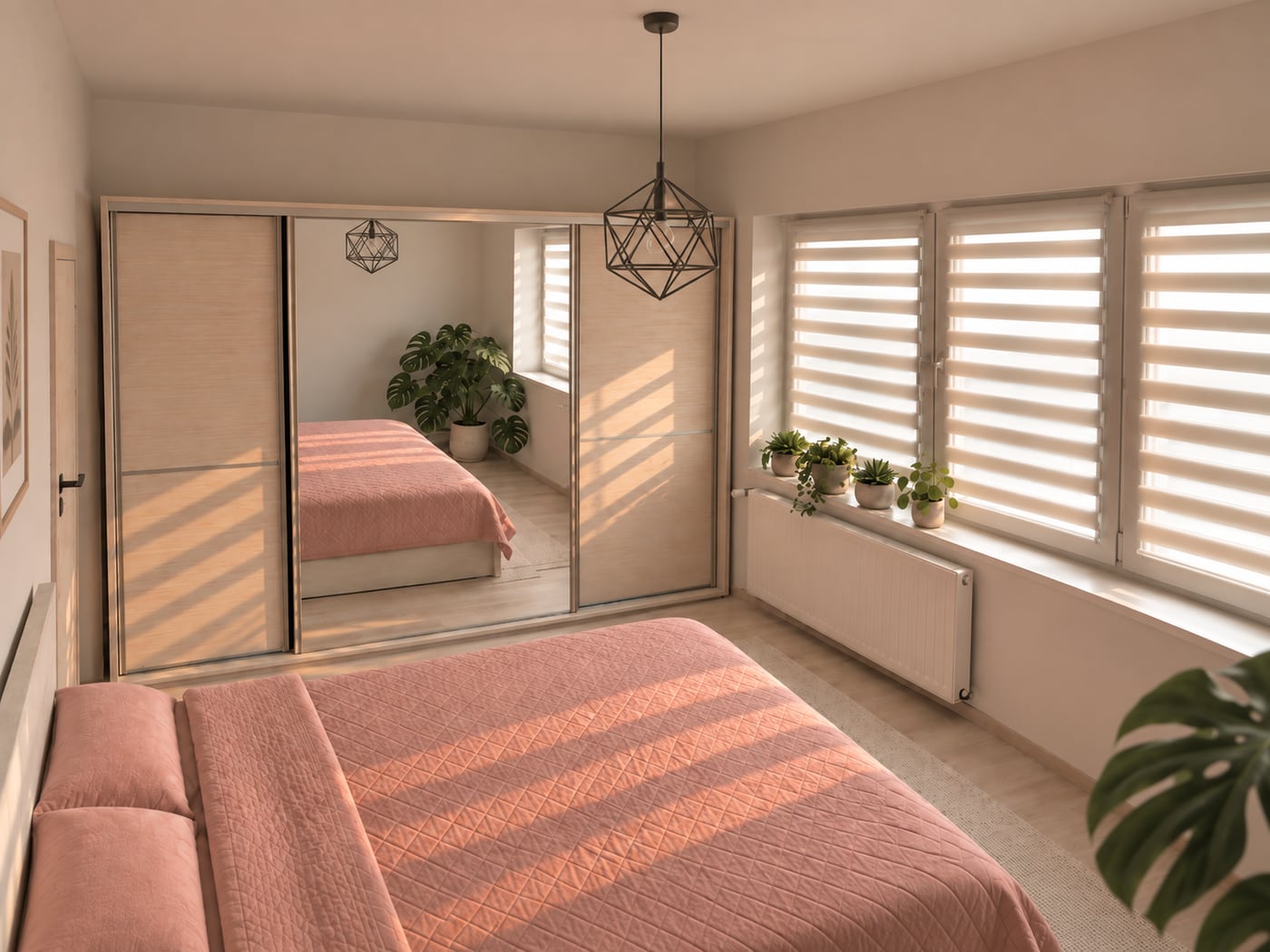 Render of the bedroom: a mirrored sliding wardrobe reflecting the bed, a faceted black pendant, and blinds along the window wall.