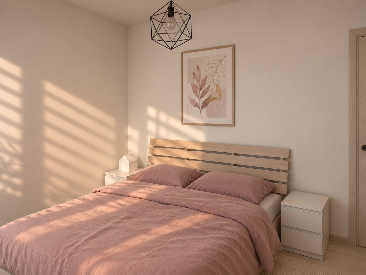 Render of the bedroom: a slatted oak headboard, blush bedding, a framed botanical print and a faceted pendant, with louvre shadows across the wall.