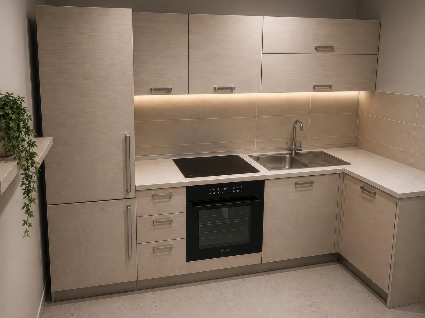 Render of the kitchen: an L of pale grained units with a stone-toned tiled splashback, induction hob, integrated oven and a strip of light under the wall cabinets.