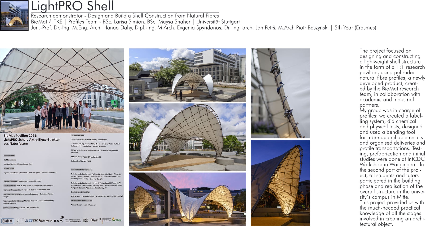 Project sheet: the team beneath the completed shell, the pavilion by day and at dusk, a detail of the membrane fixings, and the full project credits.