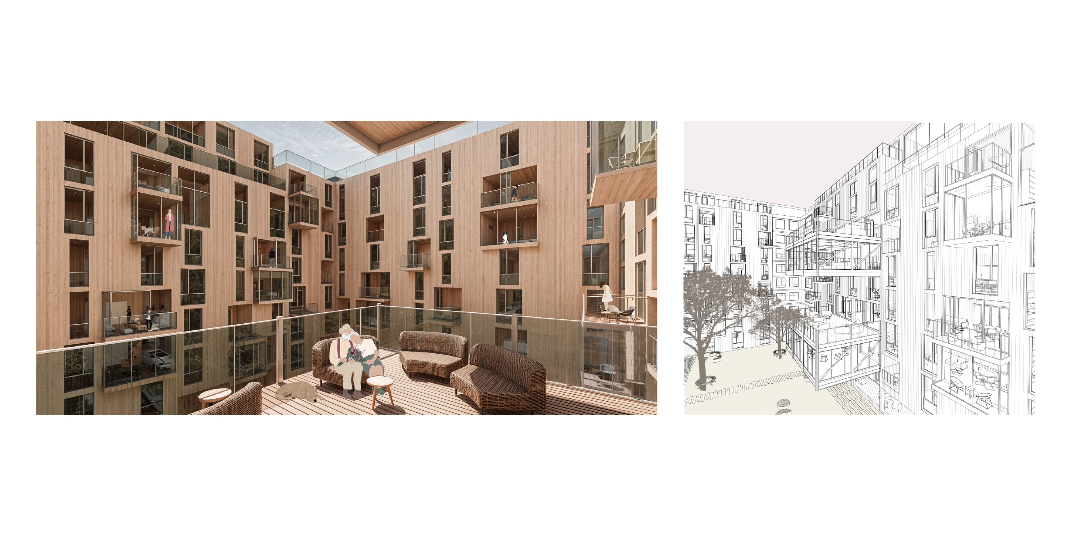 Render of a shared balcony with two people seated among the timber facades, beside its line drawing.