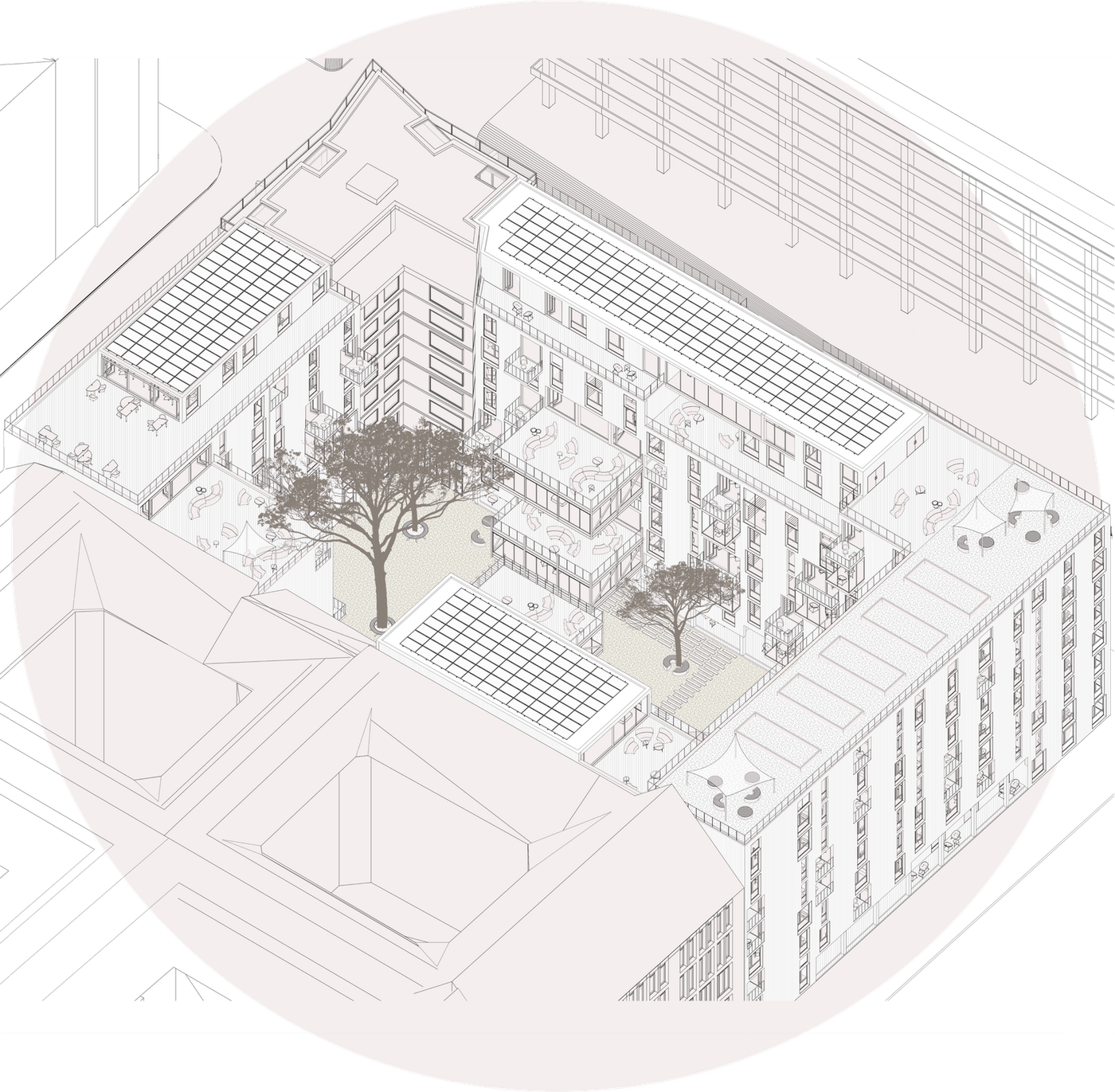 Cutaway axonometric of the housing block on a blush circle, showing the planted courtyard with two trees, rooftop terraces and the flats arranged around the perimeter.